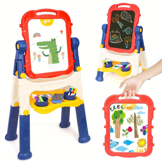 Art Easel for Kids, Adjustable Double-Sided Standing Chalkboard & Whiteboard Easel, Blue & Pink