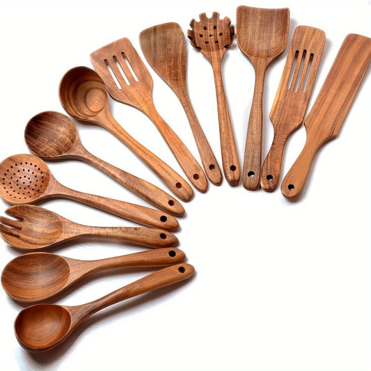 Teak Wood Kitchen Utensil Set, 3-Piece Polished Wooden Cooking Tools