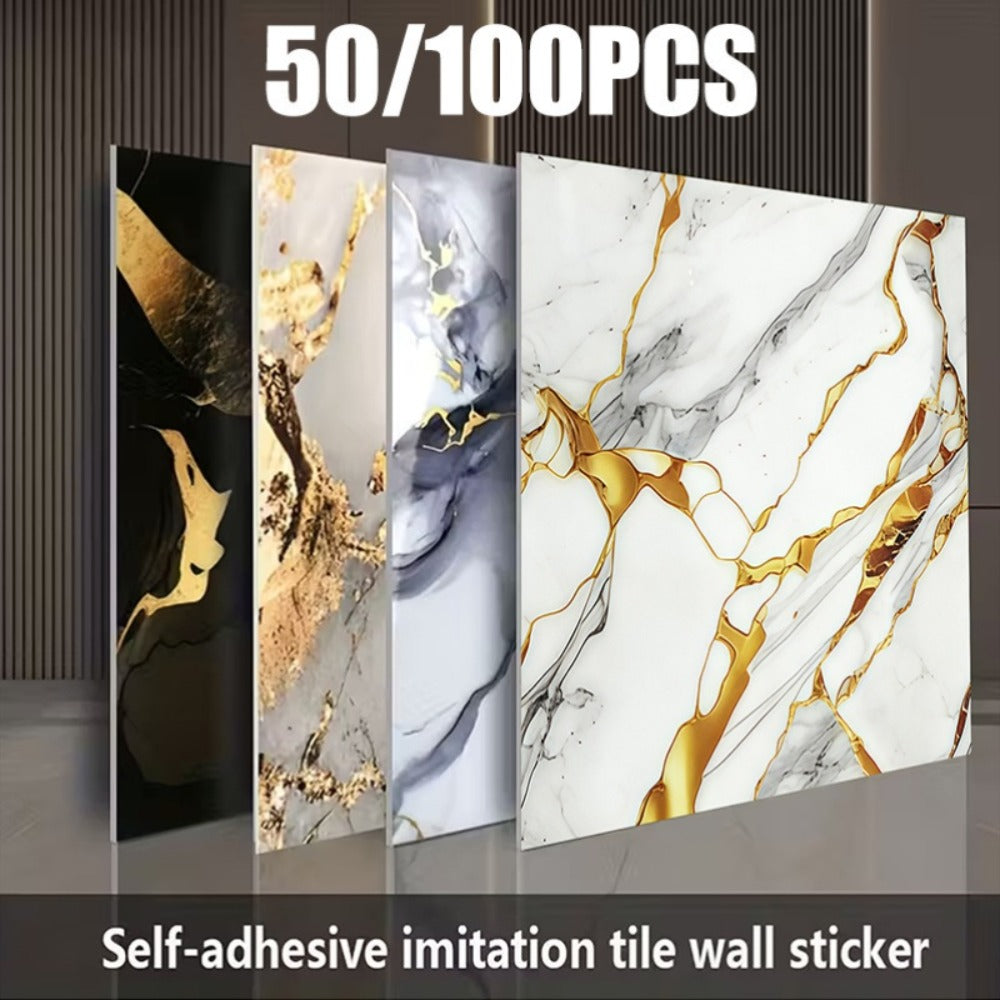 Self-Adhesive Marble Tile Stickers 11.8x11.8in Peel and Stick Wall Tiles for Bathroom Kitchen Backsplash – Waterproof 3D Glossy Imitation Marble Wall Panel, Easy to Install, 50 or 100 Pack