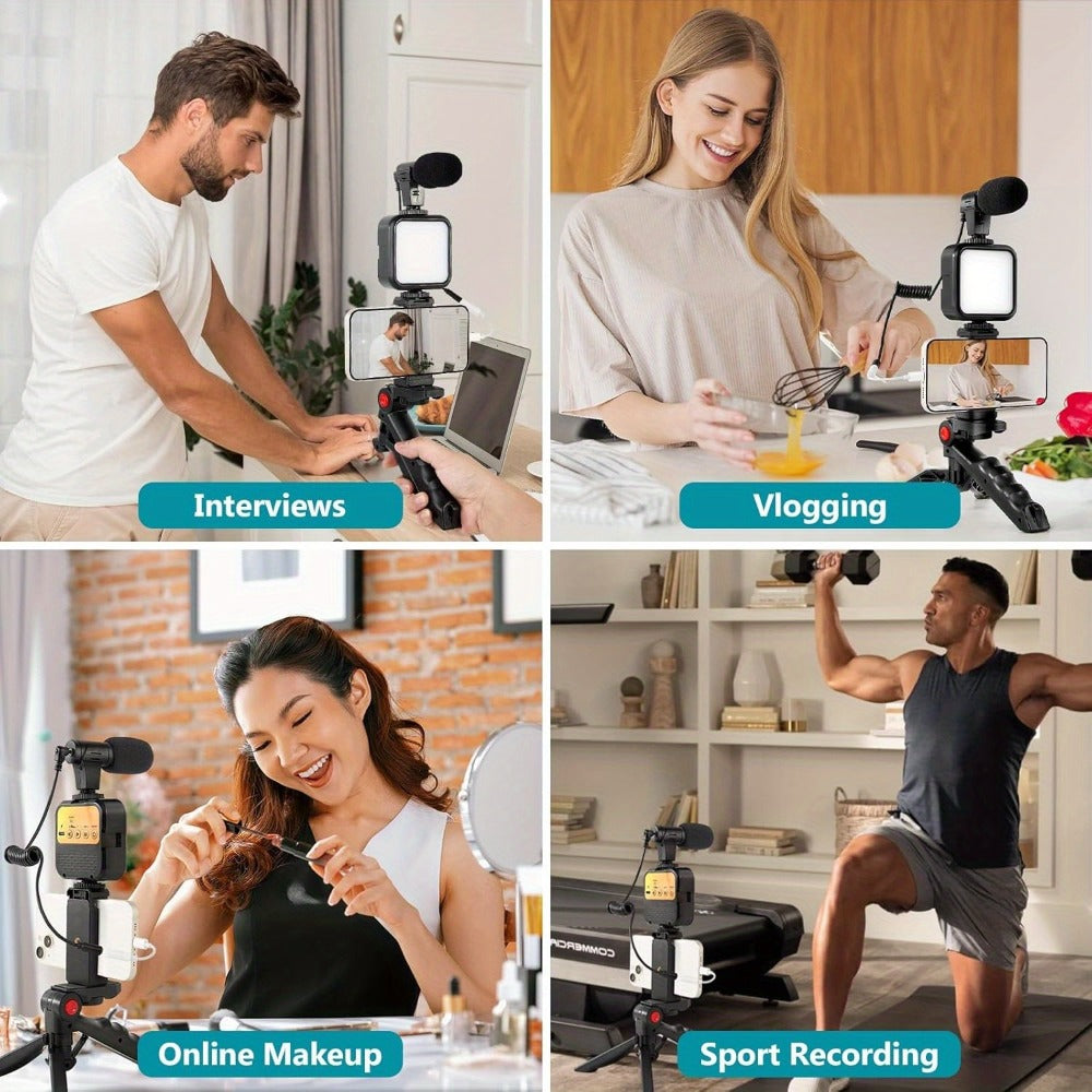 Cardioid Microphone Vlogging Kit for Phone with Mini LED Video Light & Pistol Grip Tripod – Portable Content Creation Setup for YouTube TikTok Instagram Live Streaming Video Calls iPhone Android