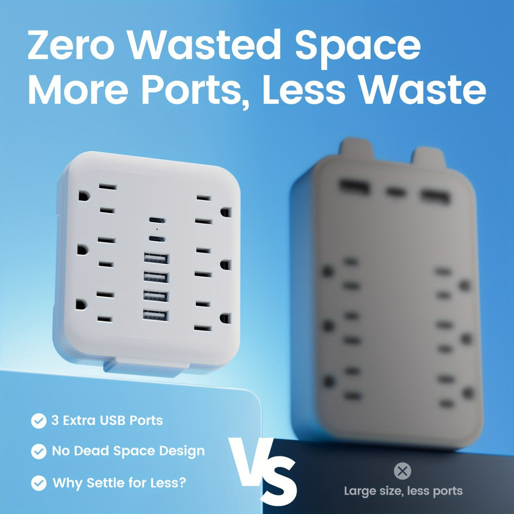 Bedside Wall Power Strip 12-in-1 with 6 AC Outlets, 4 USB-A & 2 USB-C Ports – Multi-Socket Charging Station for Home, Office, Bedroom & Travel, White & Black