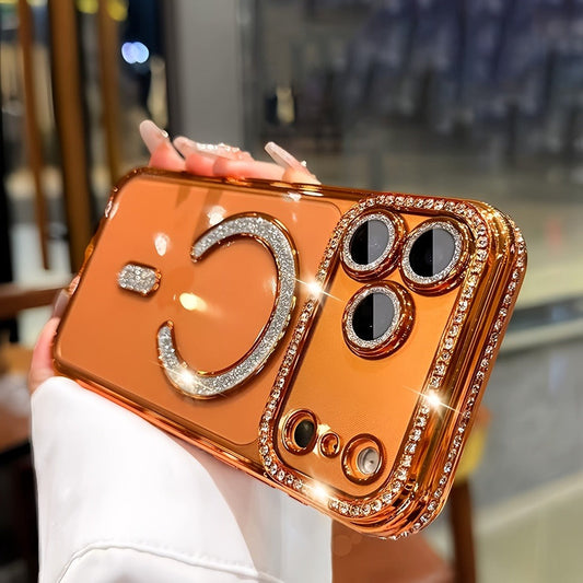 Diamond Side Magnetic iPhone Case for iPhone 17 16 15 14 13 Pro Max Plus Air 16e – Luxury Rhinestone Shiny Electroplated Wireless Charging Supported Protective Cover