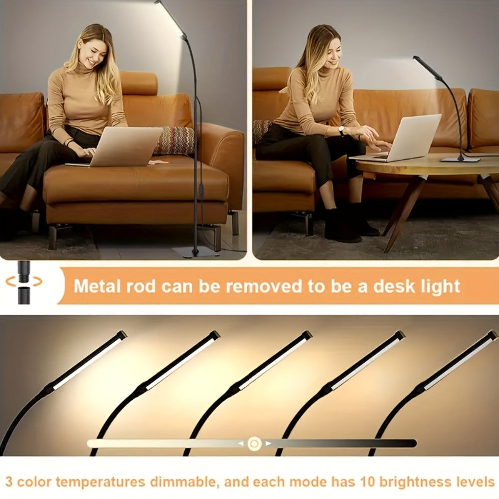 Gooseneck LED Floor Lamp with Stepless Dimming – 3 Color Temperatures, Flexible Neck, Eye-Care LED Smart Reading Lamp for Living Room, Bedroom & Home Office | Tri-Color Adjustable Standing Light