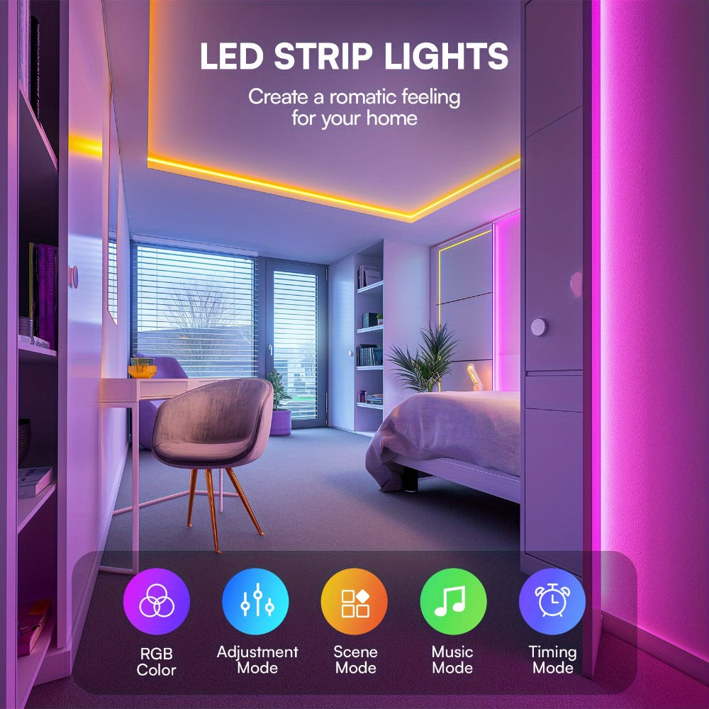 RGB LED Strip Lights 100FT 200FT Music Sync Color Changing with App Control & Remote - Smart Color Changing Light Strip for Bedroom Gaming Room Party Decor - Dimmable DIY Scene Lighting