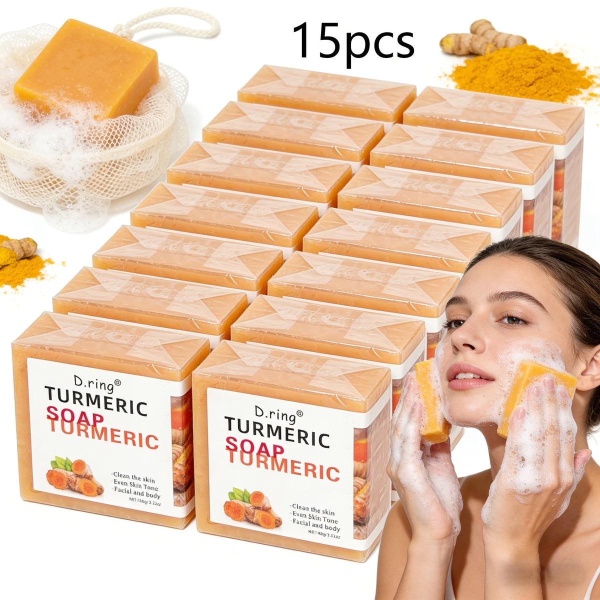 Kojic Acid Brightening Soap Bars 15-Pack — Turmeric Lemon Natural Face & Body Cleanser, Cold Processed Paraben-Free Formula, Gentle Exfoliation for All Skin Types, Bulk Value Set