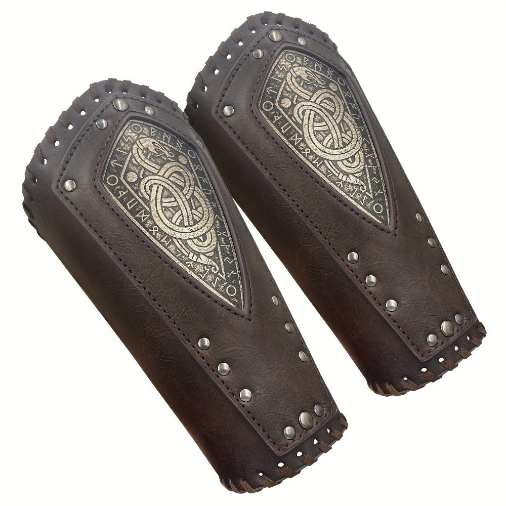 Viking Snake Wrist Guards 2-Pack Medieval Norse Leather Bracers, Nordic Retro Cosplay Props for Halloween LARP Renaissance Faire Costume Accessory, Black & Coffee