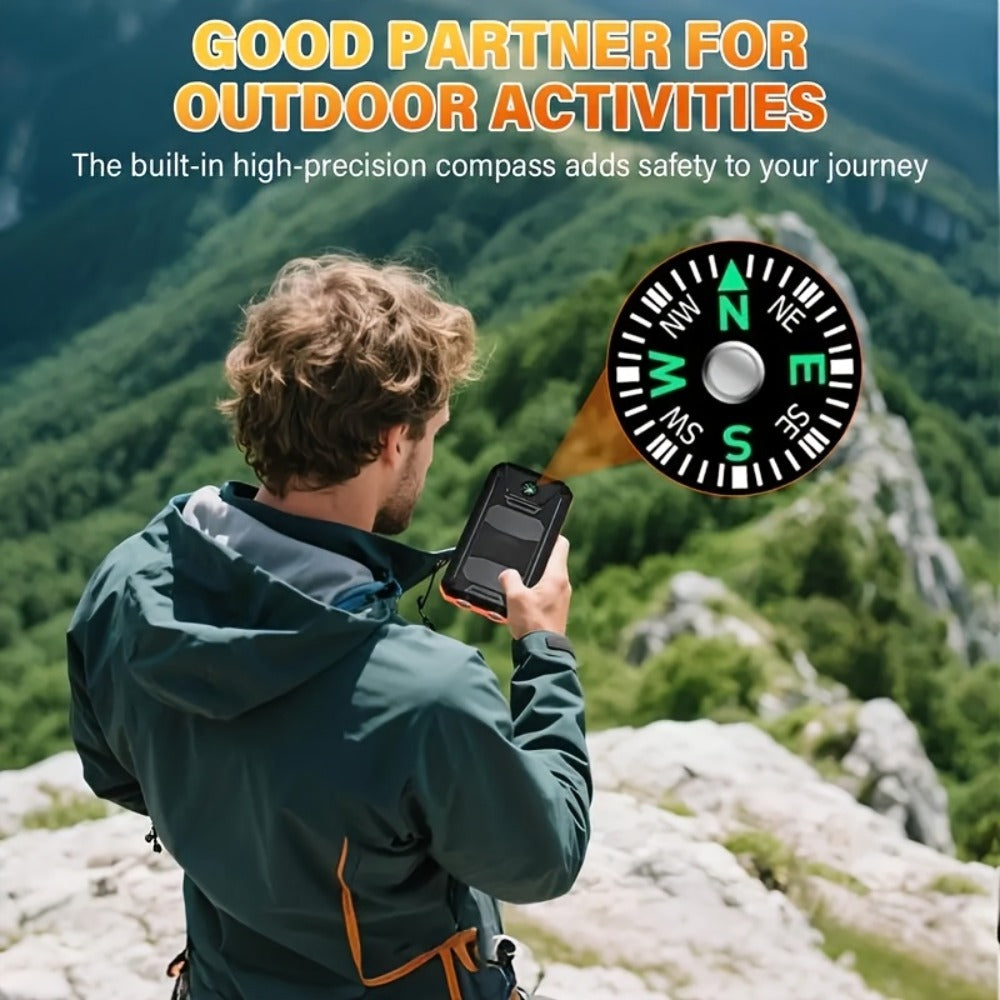 29800mAh Solar Power Bank with Compass & Dual LED Flashlight – Outdoor Camping Portable Charger, Dual USB 5V Output, SOS Emergency Battery Pack for Cell Phones & Mobile Devices, Black/Orange