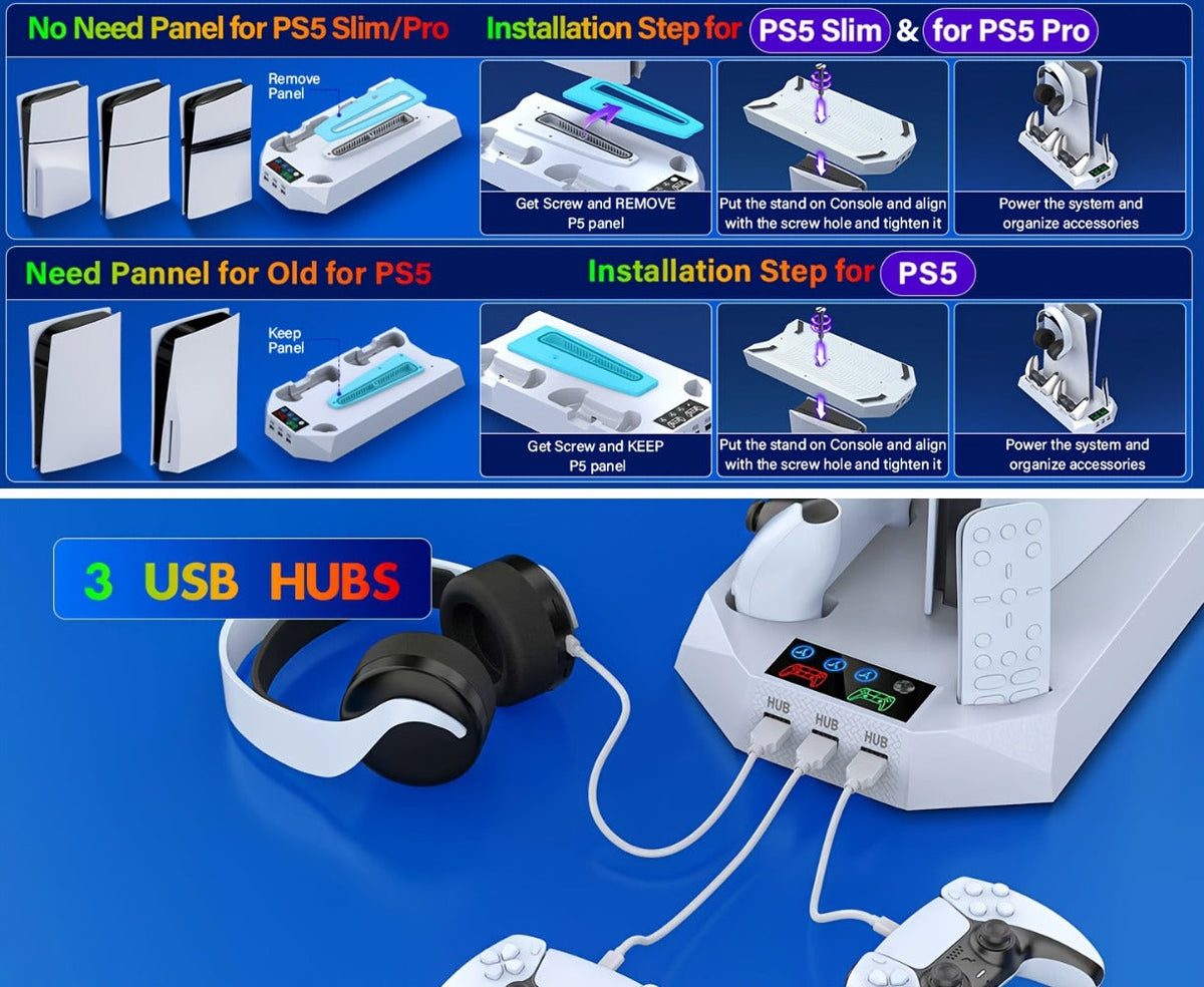PS5 Cooling Charging Station 5-in-1 with Turbo Fan, Dual Controller Charger, 3-Port USB Hub & Headset Holder – Compatible with PlayStation 5 Slim Pro Standard Disc Digital Edition, 19-Inch USB Cable, Christmas Gift