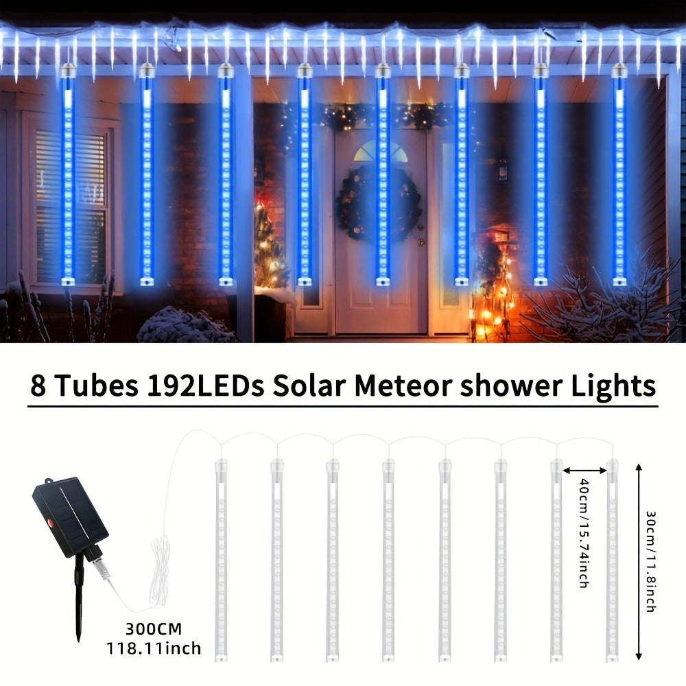 Solar Meteor Shower String Lights 192 LED Flower Theme - Outdoor Hanging Tree Lights Touch Control Warm Multi Color Blue for Garden Courtyard Christmas Halloween 4th of July Wedding Decoration