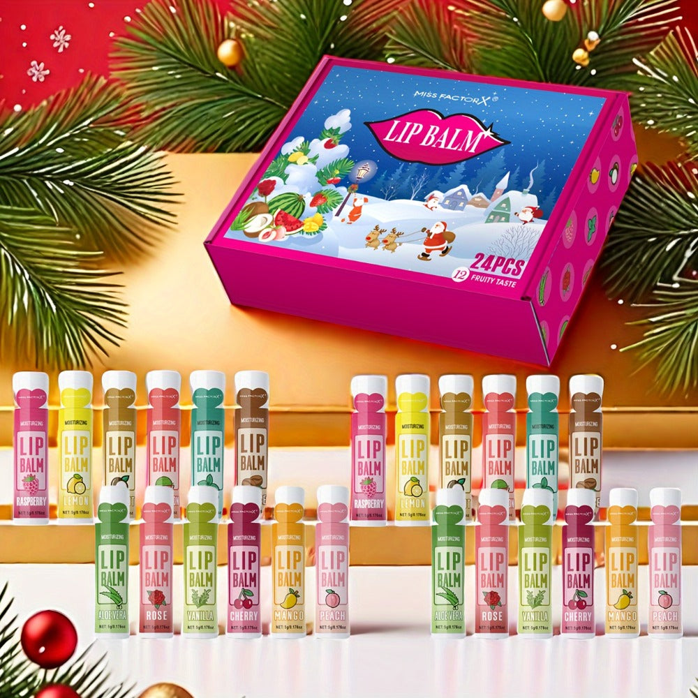 Lip Balm Set 24 Pcs Christmas Gift Box — Plant Fragrance Long-Lasting Moisturizing & Brightening Lip Color for Men & Women, Holiday Stocking Stuffer & New Year Party Favor Gift