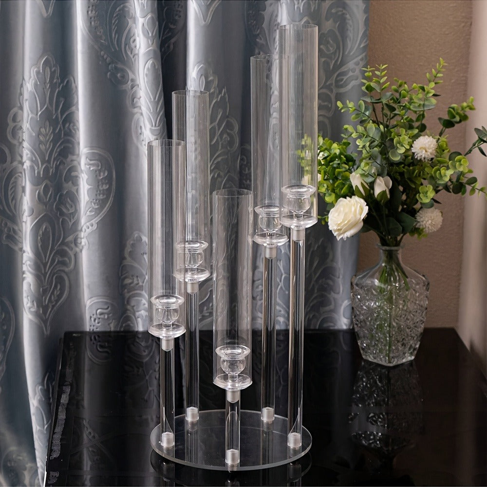Acrylic Candelabra Candle Holder – Clear Crystal 5-Arm & 6-Arm Taper Candlestick Holders for Wedding Centerpiece, Dining Table, Party & Anniversary Decor
