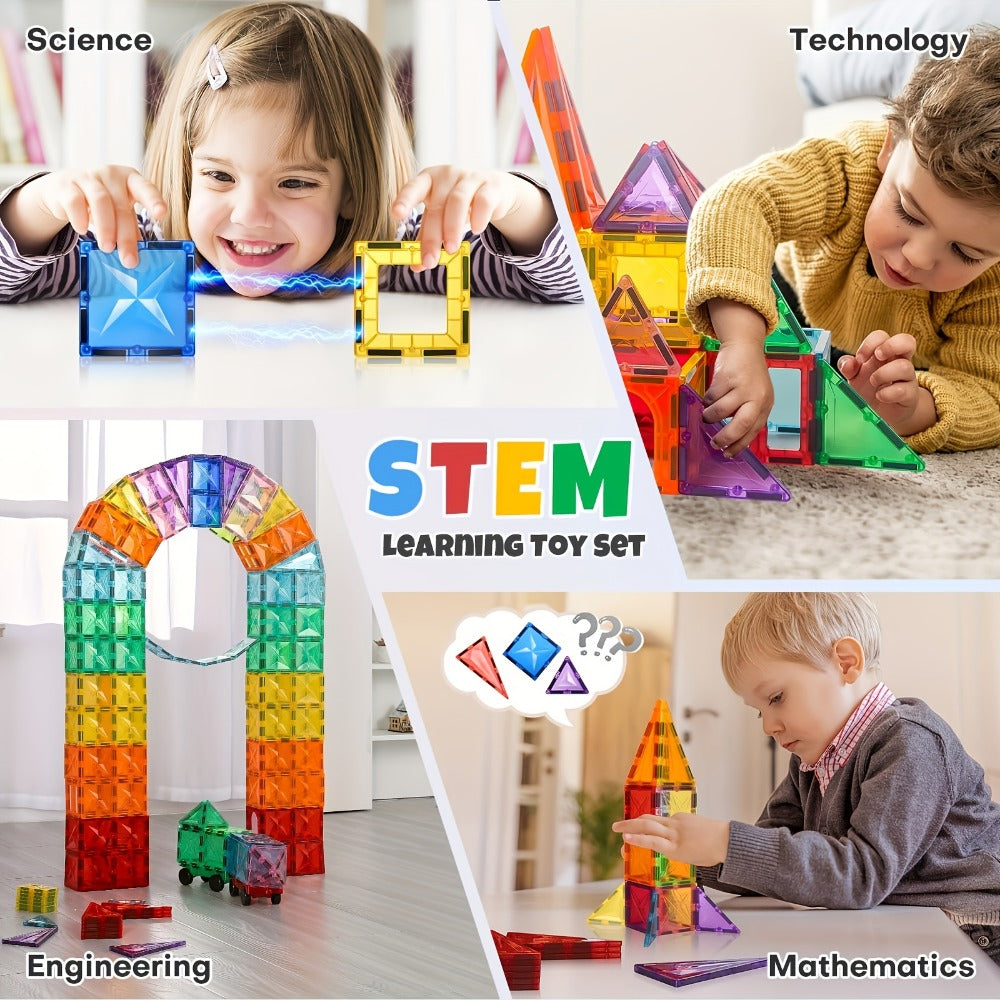 Magnetic Tiles Building Set, 120 Pieces with 2 Toy Cars, 3D Ramp and Garage Play for Ages 3+