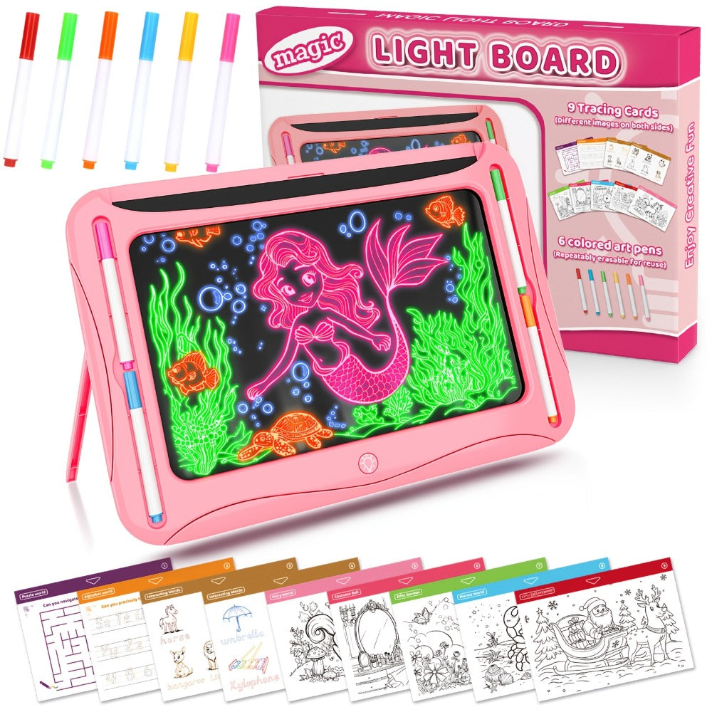 LED Light Up Drawing Board for Kids with 9 Double-Sided Tracing Cards & 6 Markers – Travel Doodle Board, 6 Colors