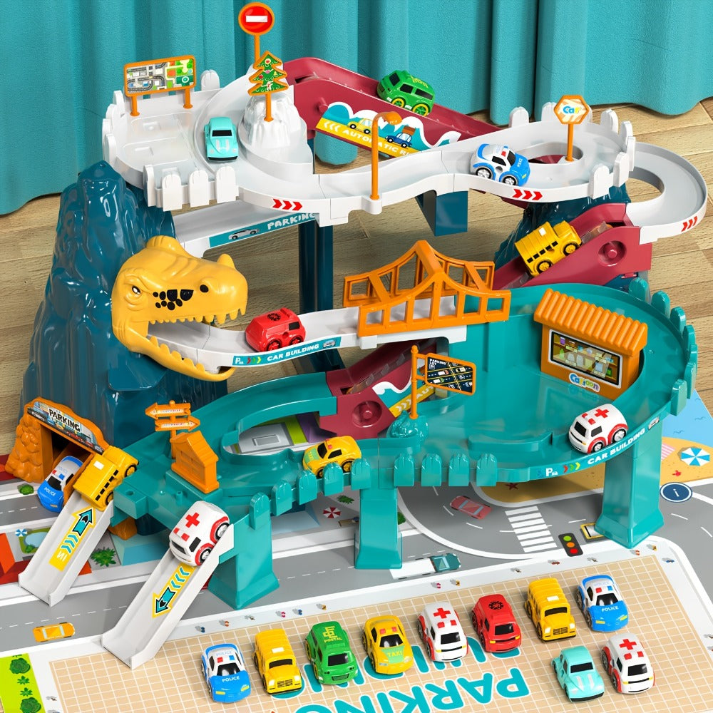 Dinosaur Race Track Toy Set – Multi-Level Dino Car Track with Ramp Launcher & 10 Mini Cars