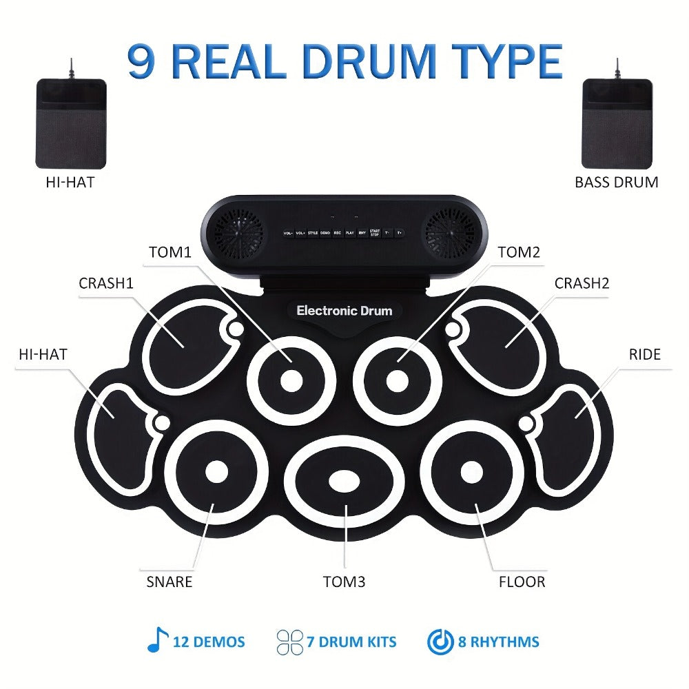 Electronic Drum Kit, Portable, Set, 9-Pads, Roll-Up for Electronic Drum Practice detail image - detail view 6
