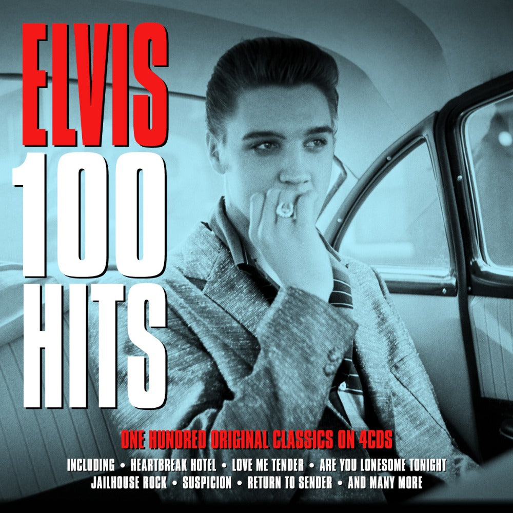Elvis Presley 100 Hits four-CD collection cover with black-and-white Elvis portrait