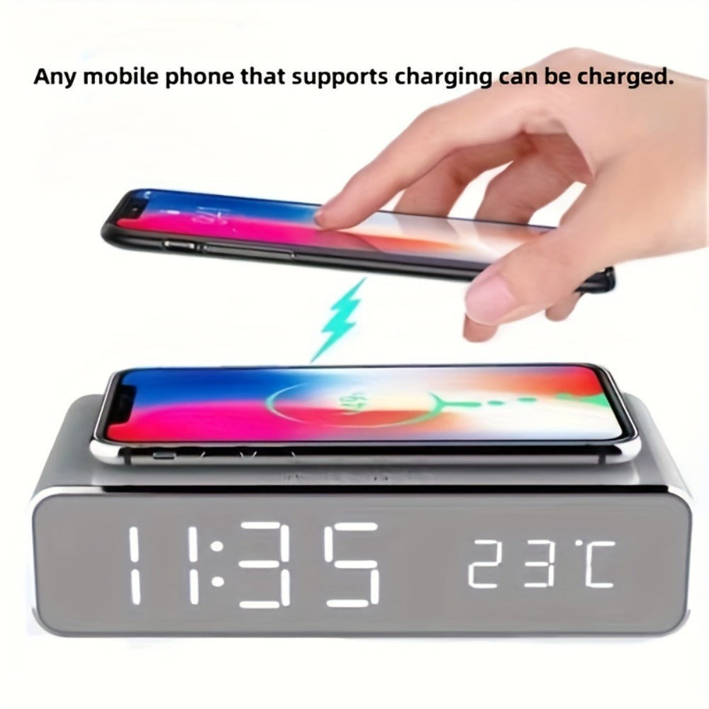 Alarm Clock Wireless Charger with Thermometer 3-in-1 LED Fast Charging Pad for iPhone & Android – 3 Alarms, 12/24H Display, Celsius/Fahrenheit, Power Saving Mode | Bedside Nightstand & Desk Gadget | Black & Silver