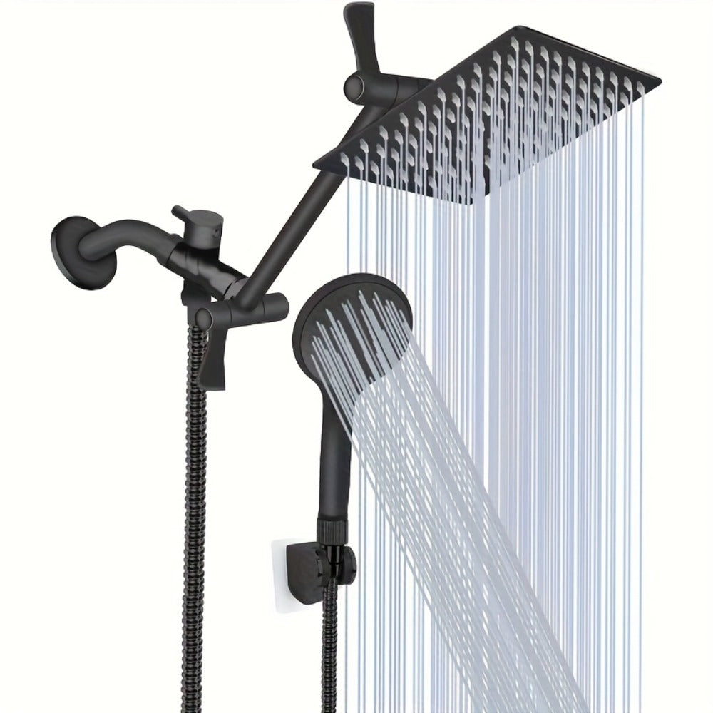 Rainfall Handheld Shower Combo 9-Setting – High Pressure 11" Extension Arm Leak-Proof Wall Mount 8 10 12 Inch Chrome Black