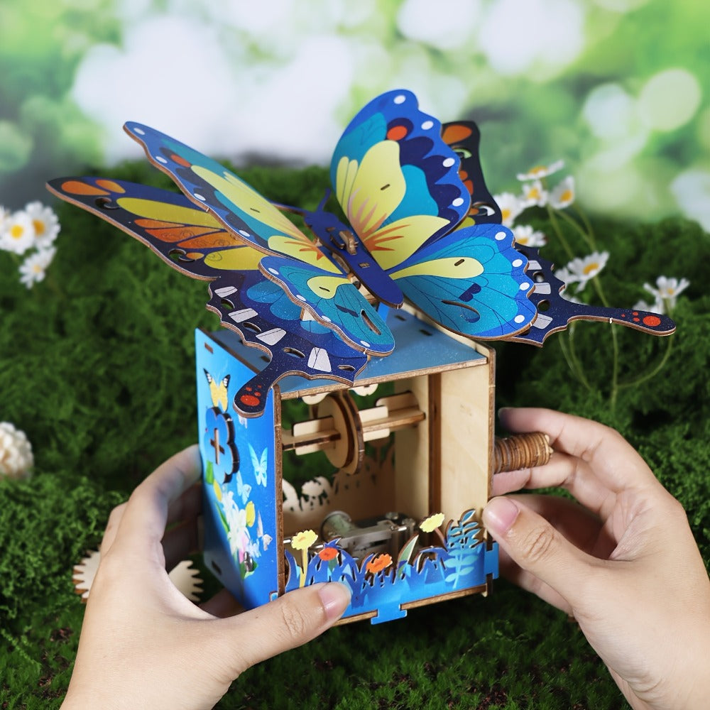 Wooden Butterfly Model Kit, Choose Color Display or Music Box Style