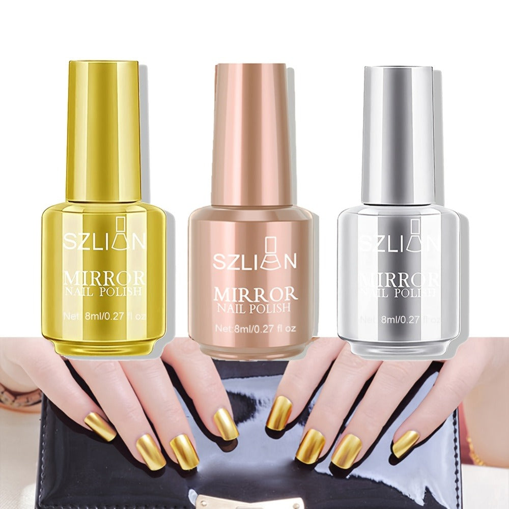 Chrome Mirror Nail Polish Set 3 Colors Metallic Reflective Finish – High-Shine Acrylic Nail Art Polish for Salon & Home Manicure, Party Holiday Valentine's Day Gift for Women