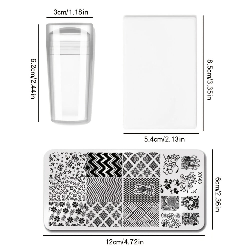 Nail Stamping Plate Set 9Pcs with 7 Mixed Design Stainless Steel Plates – Complete Nail Art Stamp Kit with Stamper & Scraper for Floral Geometric Abstract DIY Manicure Printing, Reusable Beginner & Pro Nail Decoration