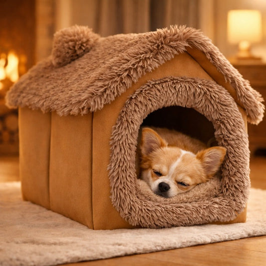 Indoor Dog House Warm Plush Semi-Enclosed – Cozy Cave Bed with Removable Pad & High-Resilience PP Filling | Non-Collapse Dog Kennel for Small Dogs, Available in Gray & Brown, Size L