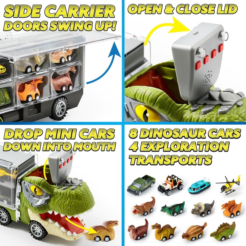 Dinosaur Truck Toy Set, 13-Piece Carrier with Mini Cars and Helicopter