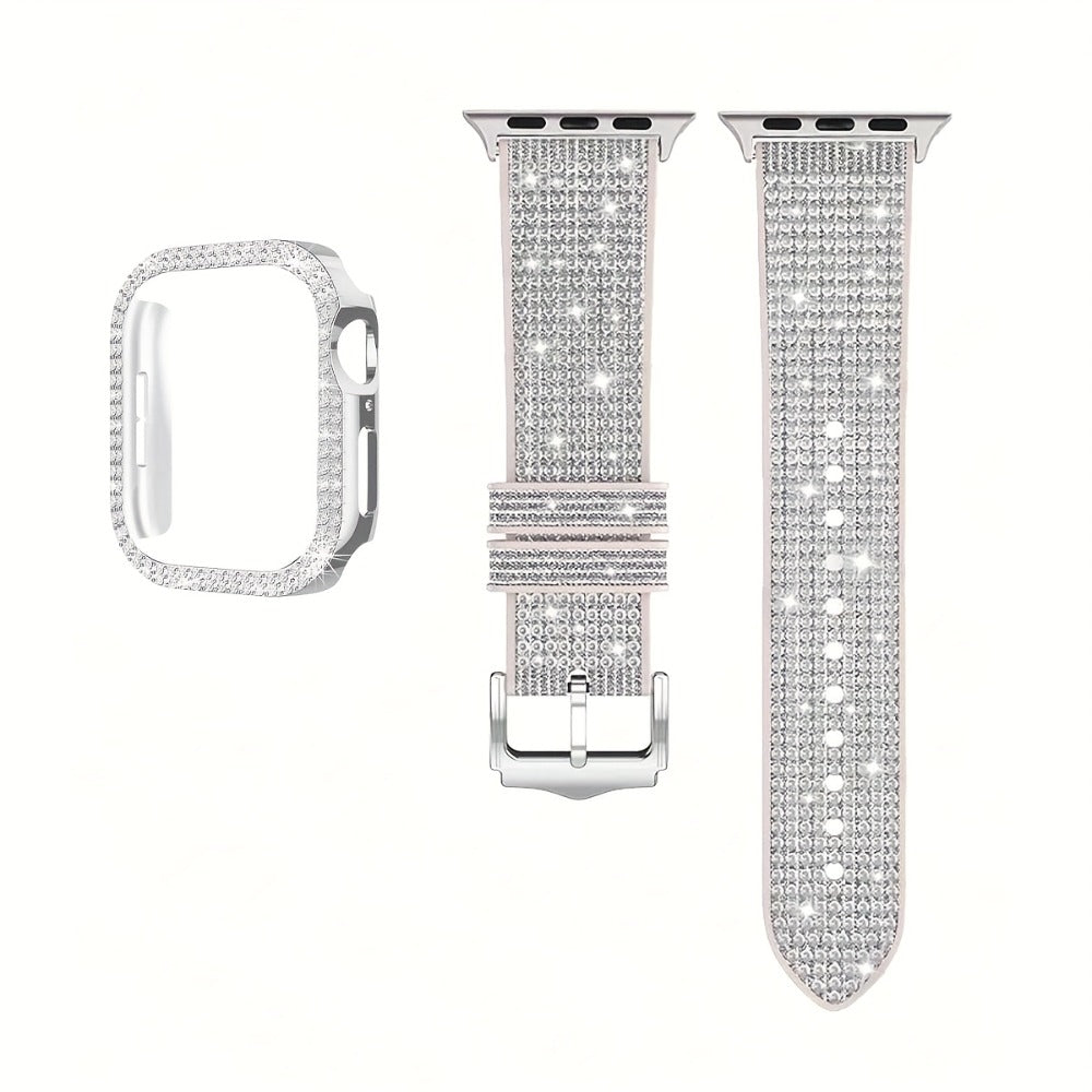 Apple Watch Band with Case Crystal Rhinestone Bling, Chameleon Color-Shift Strap + Shockproof Hard PC Cover, Compatible with Apple Watch Series 1-9 SE Ultra 38mm to 49mm S10 – Rose Gold Black Silver Women