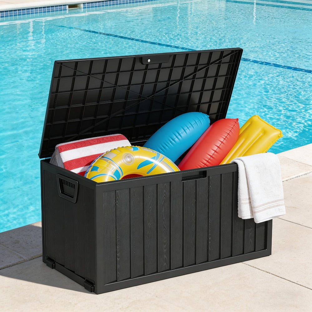 Waterproof Deck Box Outdoor Storage Cabinet 35/75 Gallon – Enhanced Version with Handles & Wheels | Large Patio Storage Box for Pool Accessories, Garden Tools & Outdoor Gear | Easy Assembly Lockable