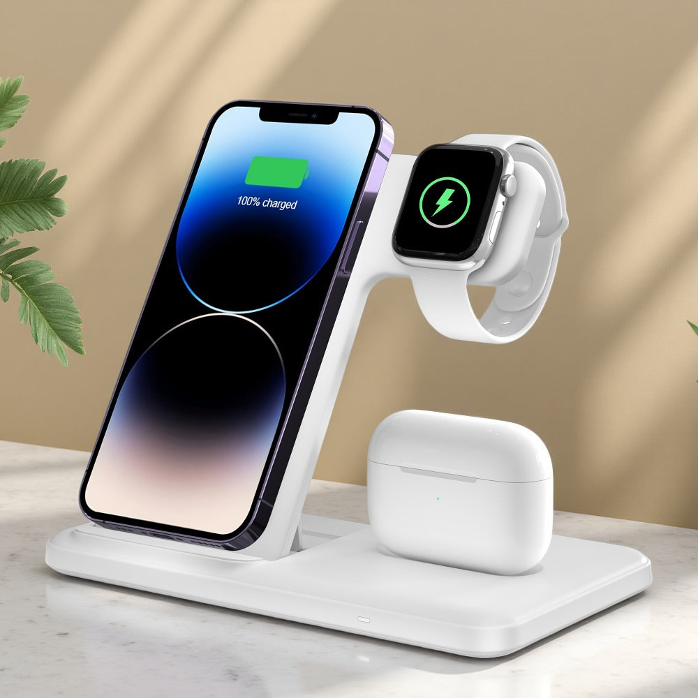 USB-C 3-in-1 Wireless Charging Station Upright Stand – Fast Charge Dock for iPhone 16 15 14 13 12 Pro Max, Apple Watch Ultra Series 10 9 8 7 SE & AirPods Pro 2 | Black & White