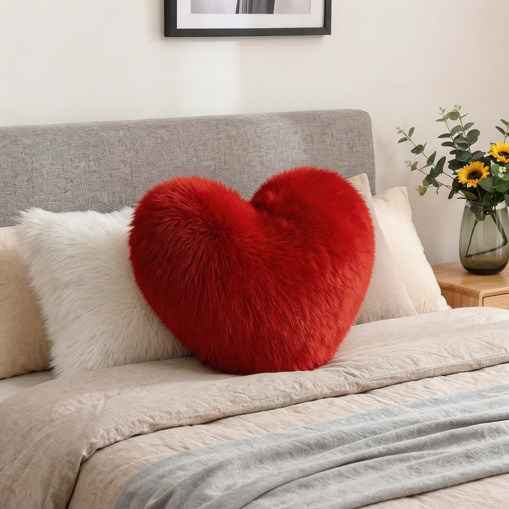 Heart Shaped Plush Pillow Cover Faux Wool Fluffy Cushion Cover for Sofa Bed Chair Car - Valentine's Day Decor Throw Pillowcase 17" Soft Decorative Pillow Case, Red & Pink, Insert Not Included