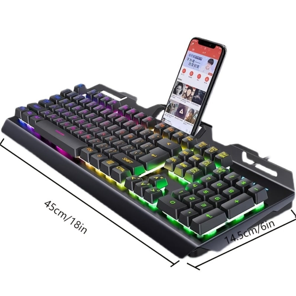 Gaming Keyboard Wired 104 Keys Full Metal Panel – LED Color Backlight, Multimedia Knob, Faux Mechanical Feel, USB, Ergonomic Design with Phone Holder | Keyboard or Keyboard & Mouse Combo