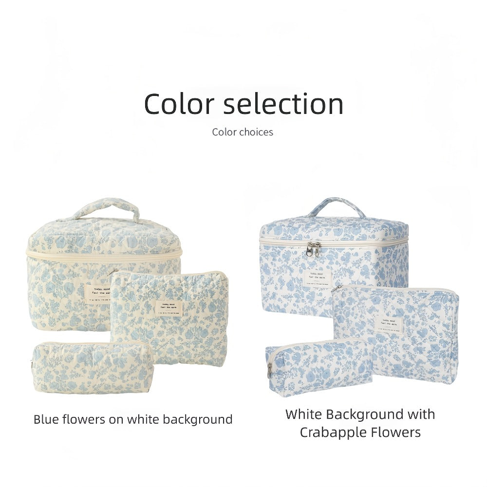 Quilted Makeup Bag Set 3 Pcs Floral Pattern Large Capacity Travel Cosmetic Organizer with Gold Zipper — Polyester Skincare Toiletry Pouch Blue Pink Peacock for Women