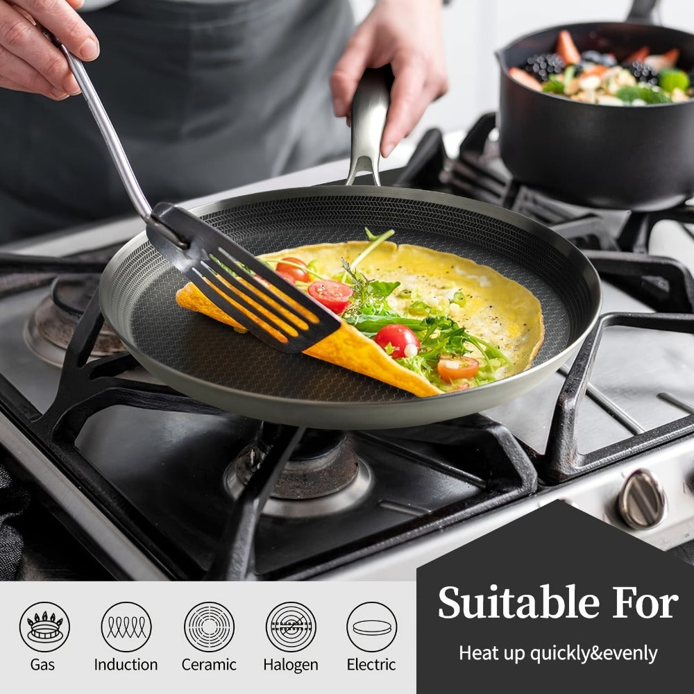 Stainless Steel Crepe Pan 11 Inch Dual Honeycomb Non-Stick PFOA-Free with Lid – Triply Steel Pancake Griddle for Tortillas | Induction Gas Electric Ceramic Compatible Home Camping BBQ Cookware