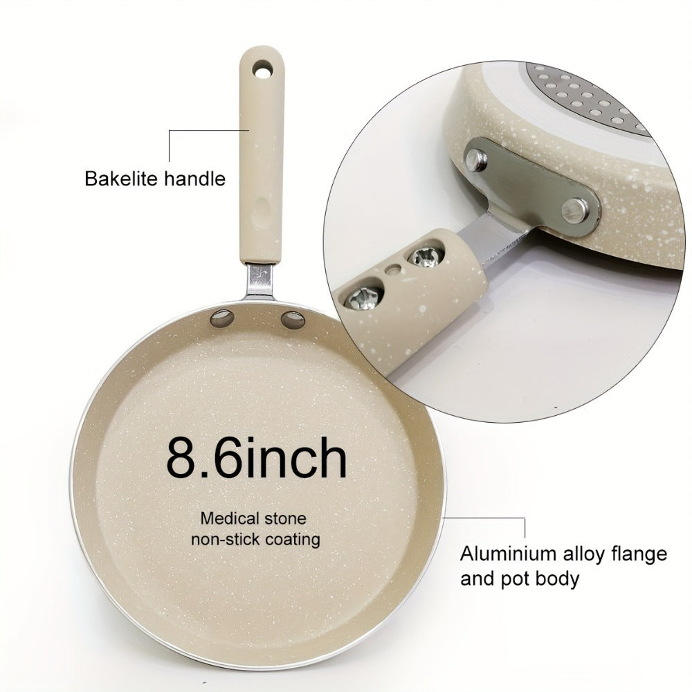 Non-Stick Cookware Set 5-Piece Beige – Pumice Stone Coating Egg Frying Pan Pancake Skillet with Kitchen Utensils | Aluminum Induction Compatible Home Cooking Set for Eggs Pancakes & Breakfast