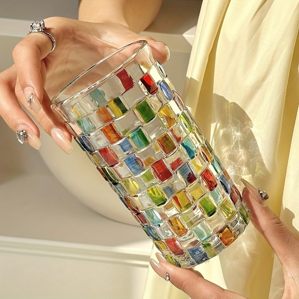 Hand-Painted Drinking Glasses Set – Colorful Square Lattice Woven Handcrafted Glass for Water, Juice, Whiskey & Beer – Artistic Decorative Glassware for Home Bar & Entertaining – 2pc or 4pc