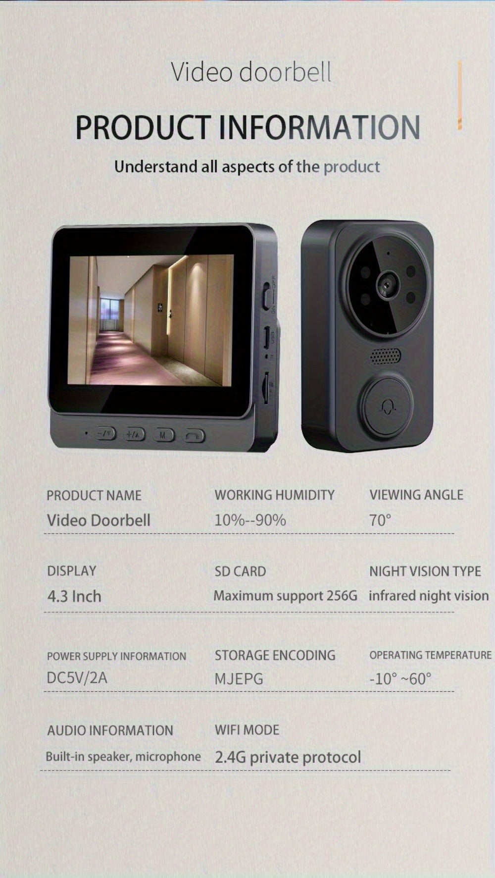 1296P Video Doorbell with 4.3" Indoor Monitor & Local SD Storage - No WiFi No App Required, Two-Way Audio, IR Night Vision, 1200mAh 2-Month Battery, 120° Wide Angle, One-Key Pairing, Black