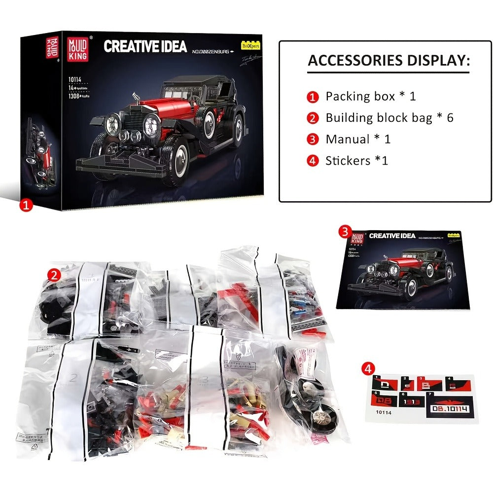 Mould King 10114 Vintage Classic Car Building Block Set, 1308 Pcs Red Display Model