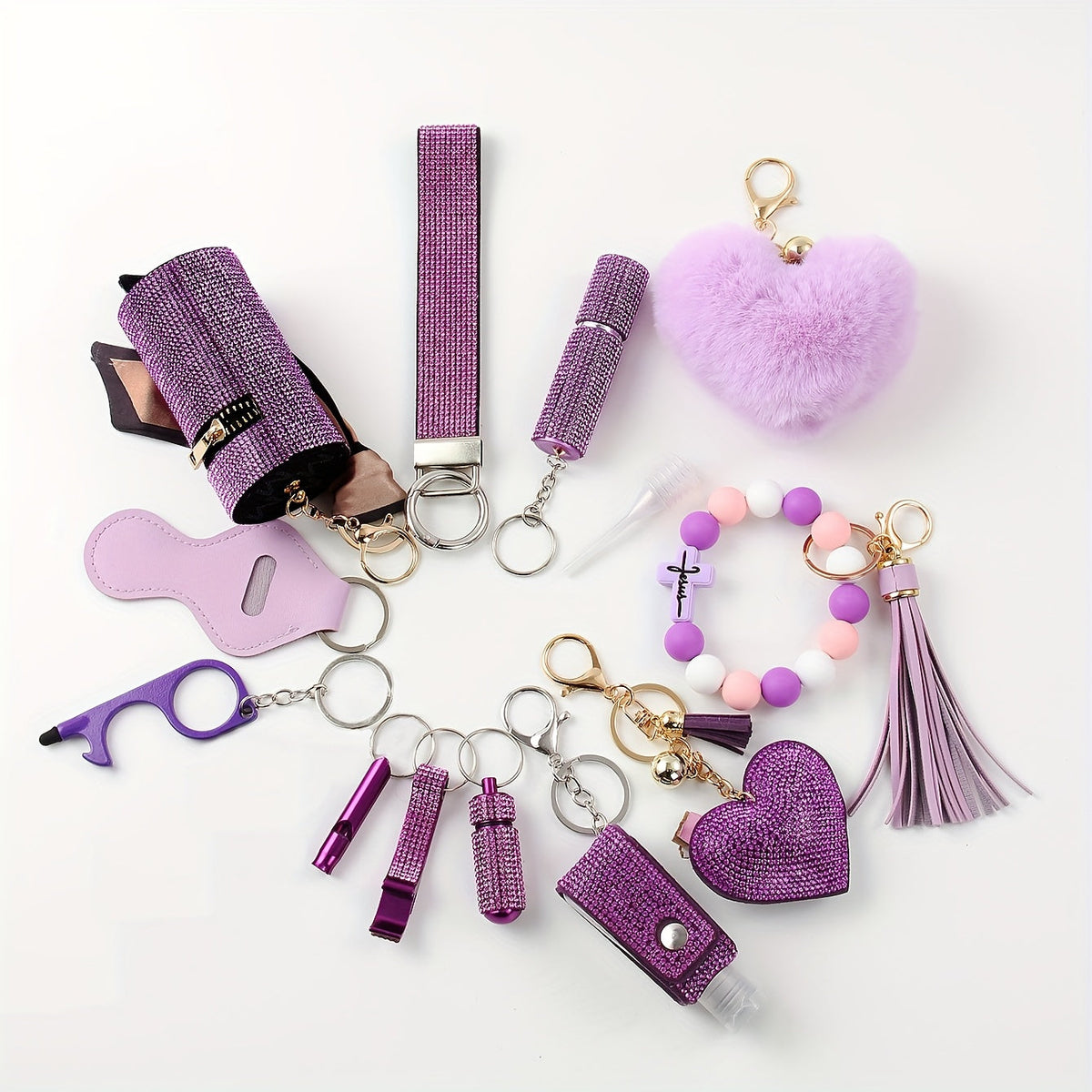 Rhinestone Keychain Set for Women 13-Piece – Safety Gadgets with Window Breaker Whistle Hand Sanitizer Holder Perfume Bottle Beaded Bracelet PU Tassel, Holiday Birthday Gift Box