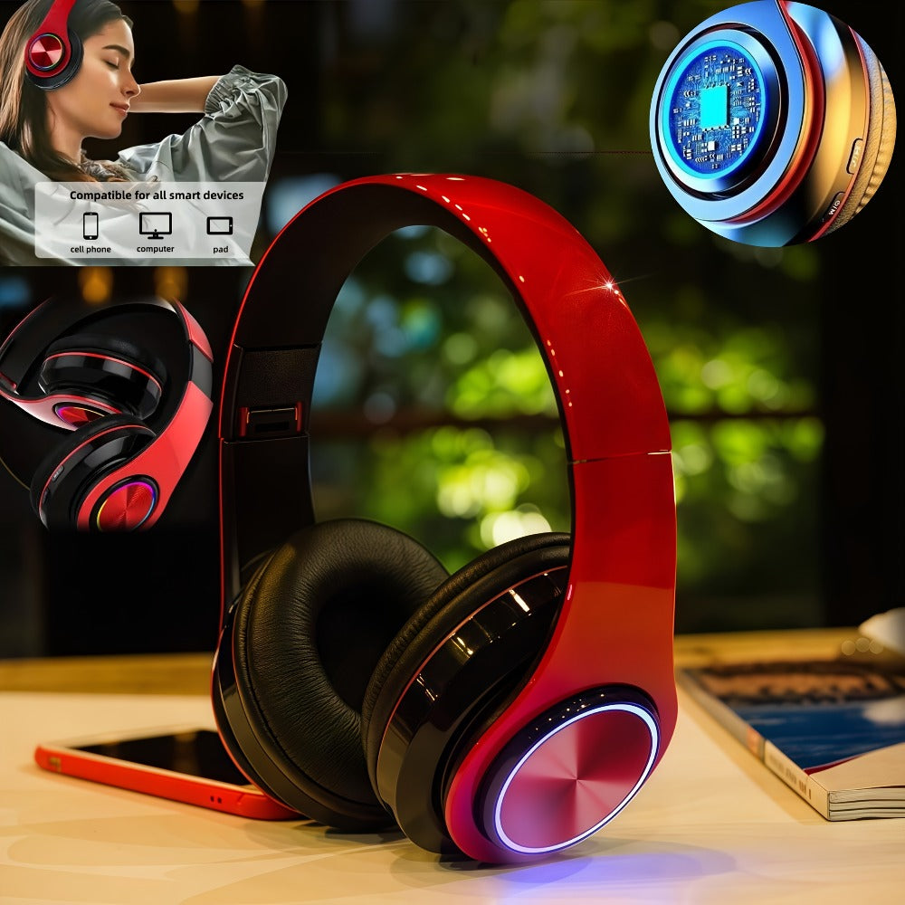 LED Light Over-Ear Wireless Headphones Deep Bass Subwoofer, Active Noise Cancelling Foldable Headset Bluetooth 5.3, Wired & Wireless Dual Mode AUX, USB Rechargeable for Gaming Music Sports