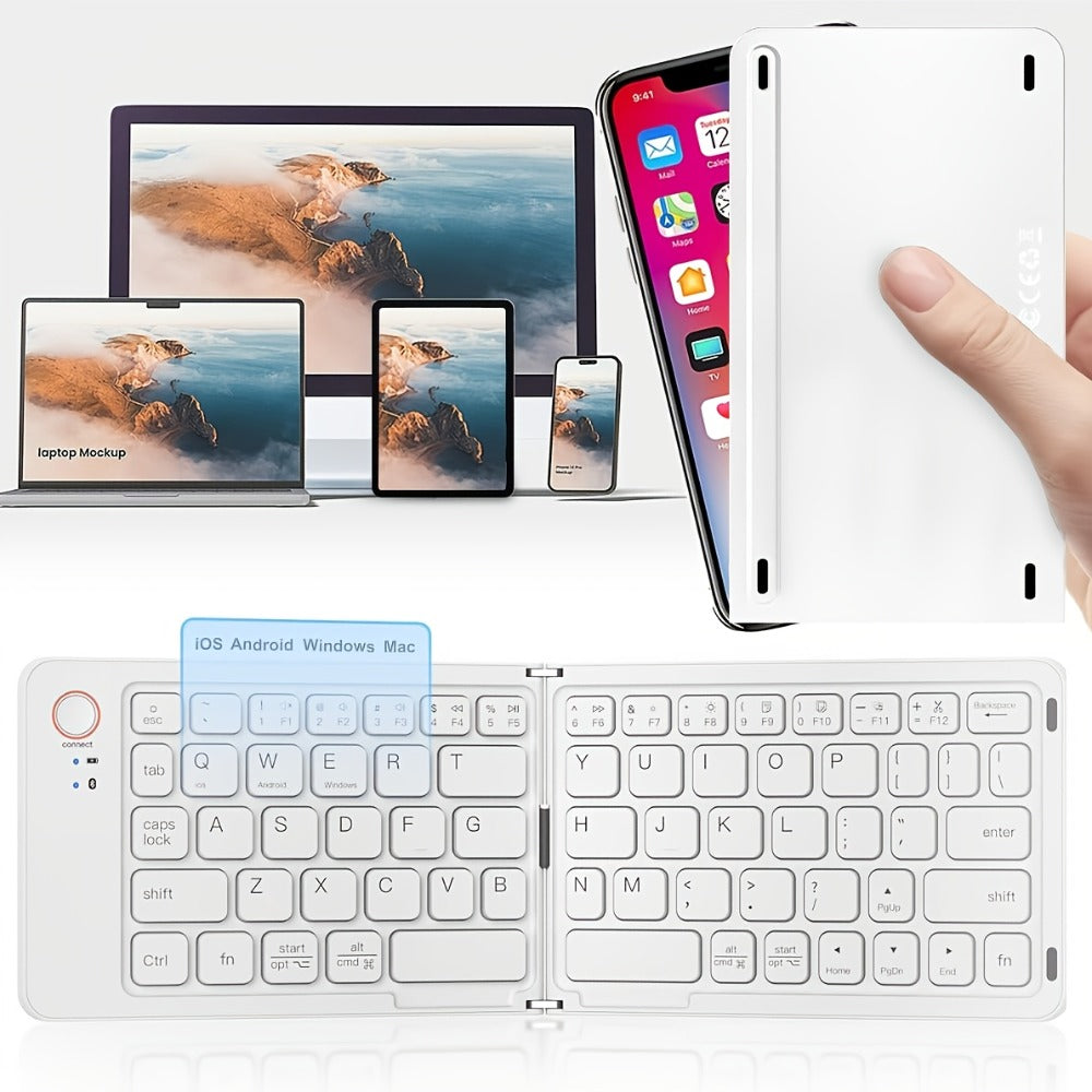 Folding Wireless Keyboard KLZO B023 Dual-Fold Magnetic – Slim Portable Bluetooth Keyboard, Ultra-Long Battery Life, Multi-Device Compatible for iPhone, iPad, Android, Windows, Mac | White, Green, Black