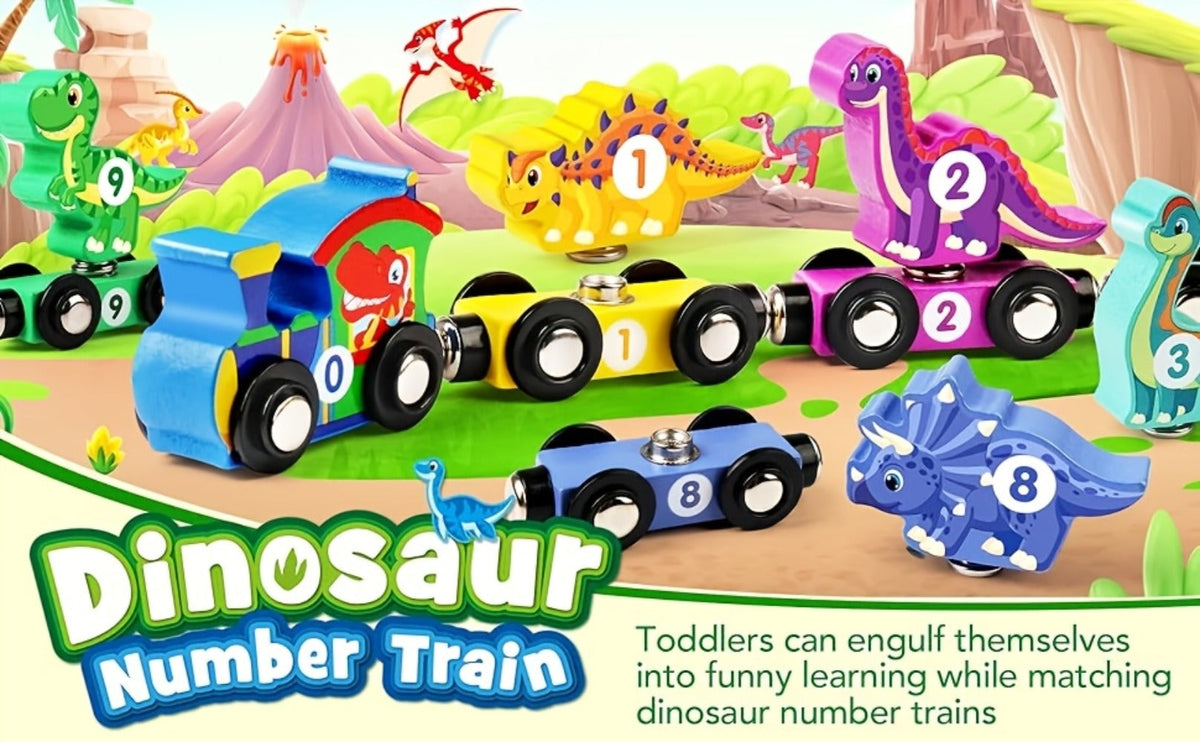 Magnetic Dinosaur Number Train – 11-Piece Wooden Train Toy with Dinosaur Engine & 10 Numbered Cars