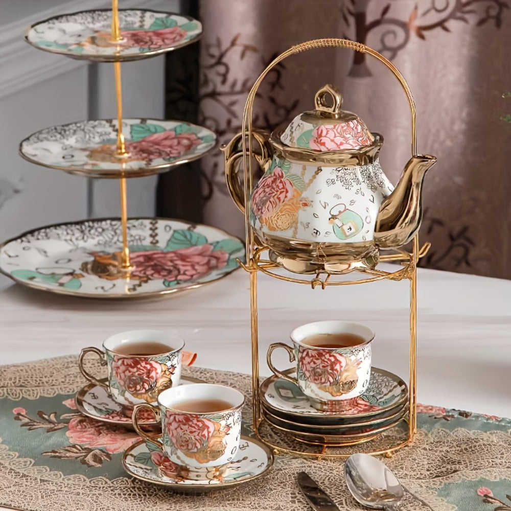 European Floral Ceramic Tea Set 20 Pcs – Italian Style Afternoon Tea Set with Metal Stand – Blooming Pattern Teapot & Cups – Elegant Gift for Tea Lovers & Special Occasions – Golden