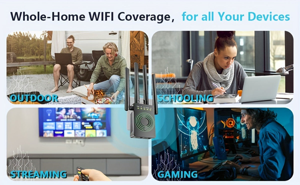 12880 Sq Ft WiFi Booster 1200Mbps Dual Band - Long Range Signal Extender Repeater Covers 105 Devices, Built-In Ethernet Port, WPS Easy Setup for Large Home Office Basement Garage Backyard