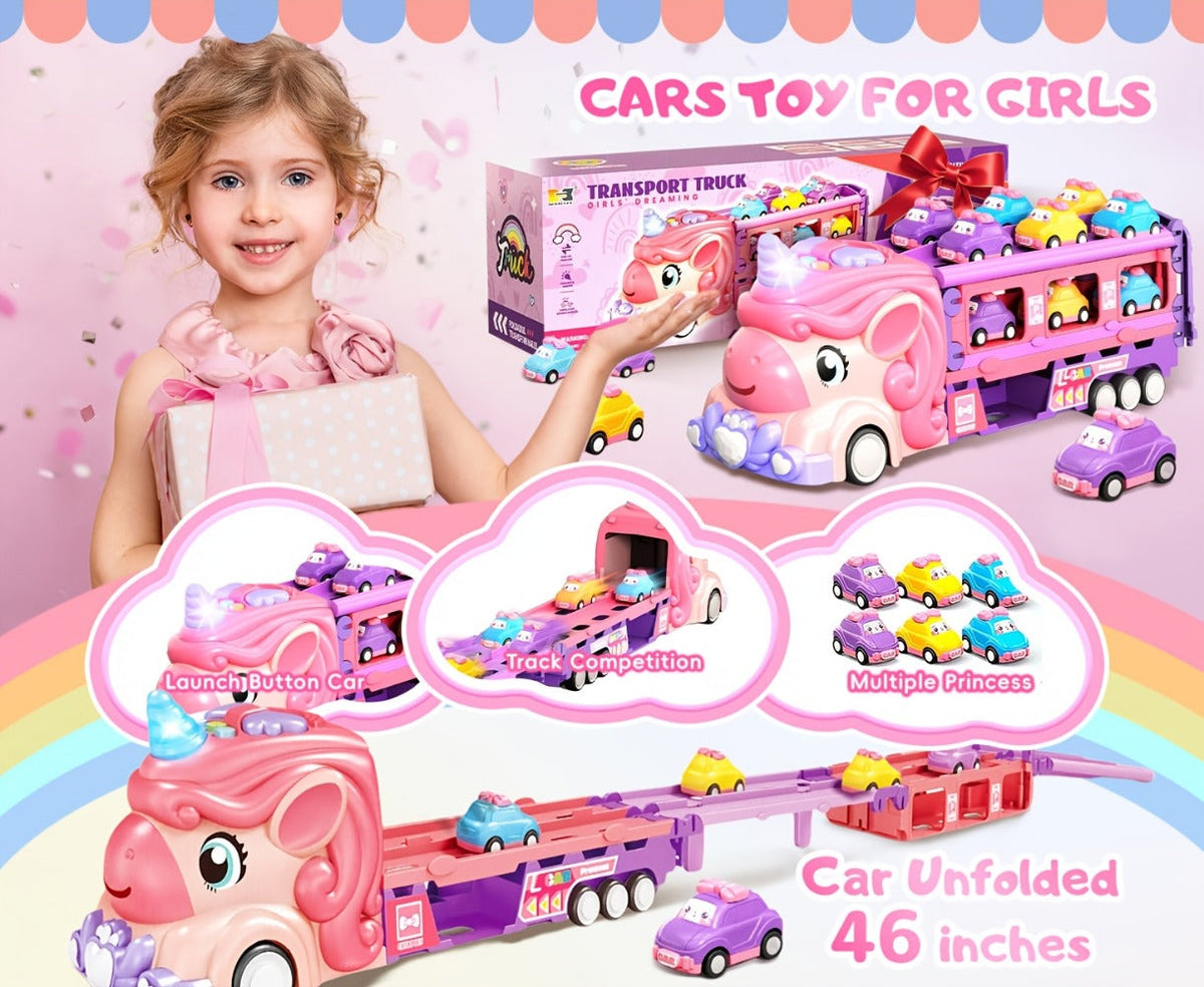 Unicorn Monster Truck Track Set with 8 Mini Cars and Fold-Out Race Track