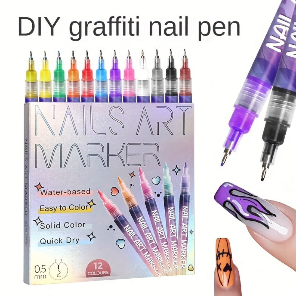 Acrylic Nail Art Pen Set 12 Colors 3D Doodle & Dot Stitching Pens – Quick Drying Precision Fine Tip for Professional Home Salon Nail Design, Long Lasting Vibrant Pigment