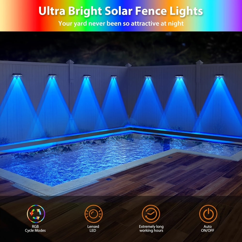 Solar Fence Wall Lights Multicolor LED 9 Modes - Smart Dusk to Dawn Sensor Auto On Off Convex Lens Waterproof for Garden Yard Patio Deck Porch Holiday Christmas Halloween Decoration 4 or 8 Pack