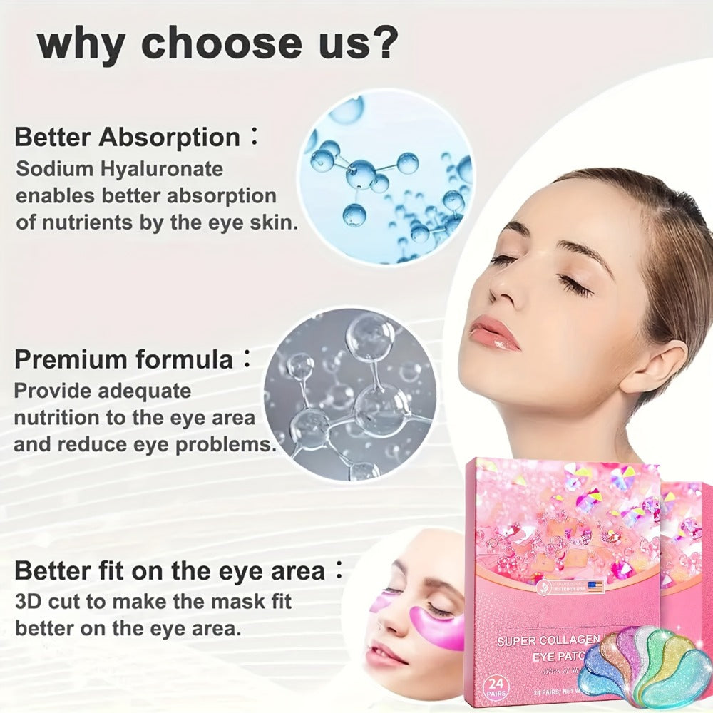 Collagen Under Eye Patches 24 Pairs - Hyaluronic Acid Gel Eye Mask for Dark Circles Puffiness Wrinkles Fine Lines Moisturizing Anti-Aging Eye Pads Women Skincare