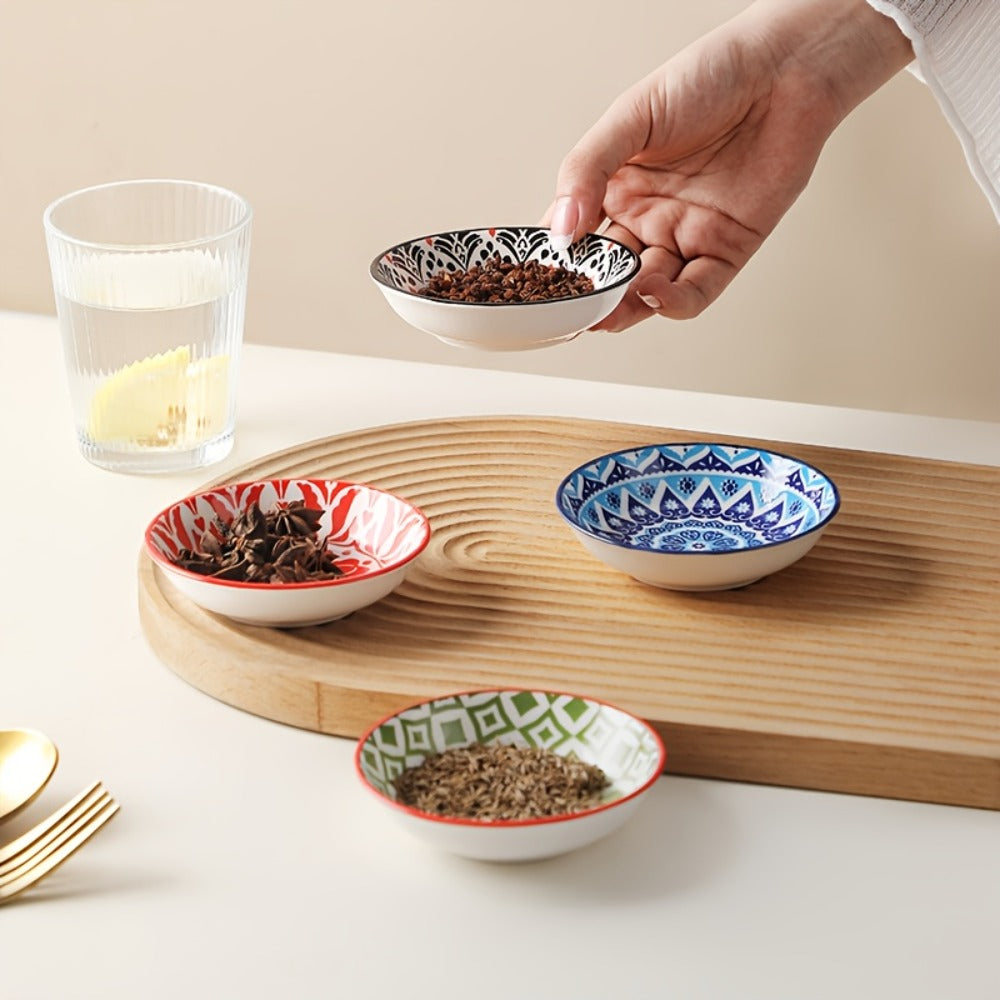 Dipping Sauce Dish Set 10/12 Piece Bohemian Ceramic – Colorful Small Plates for Soy Sauce Vinegar Spices Condiments Sushi Bar Restaurant Kitchen Party Boho Snack Seasoning Plate