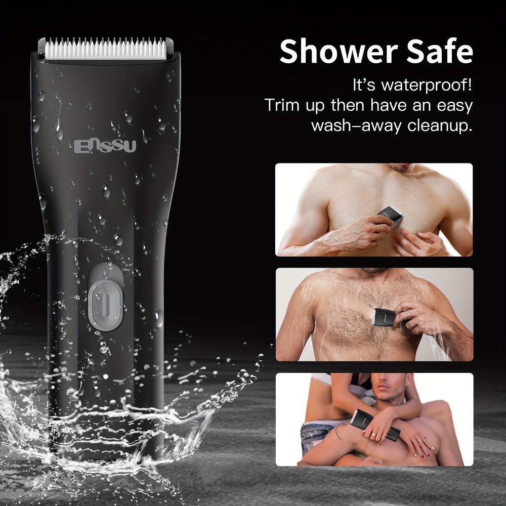 Manscaping Trimmer for Men IPX7 Waterproof Ceramic Blade Electric Groin & Pubic Body Hair Shaver – LCD Battery Display Replaceable Head Safe Grooming Tool, Black Blue White
